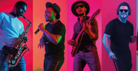 Saxofonista, vocalista, guitarrista e baterista em fundos coloridos